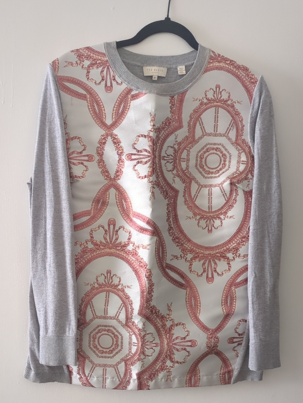 Ted Baker Cream Front Sweater with Rose-Print and Grey Sleeves